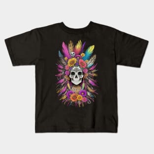 skull with flower and feathers Kids T-Shirt